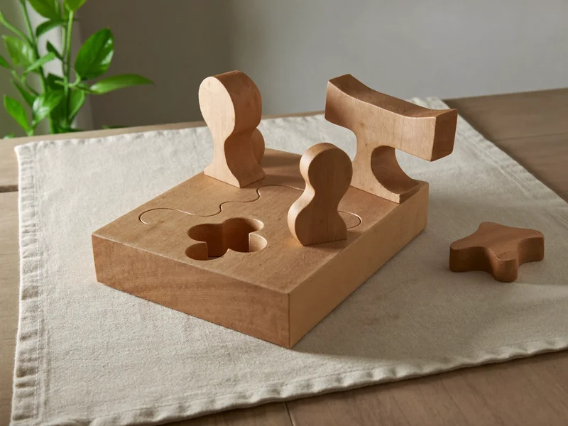 Puzzle din lemn cu piese cu forme neregulate așezat pe pânză de in